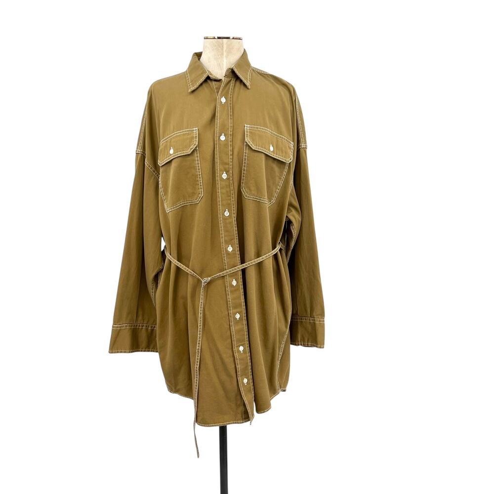 Denimist Belted Shirt Dress Long Sleeve Button Down Utility Brown Tan Medium
